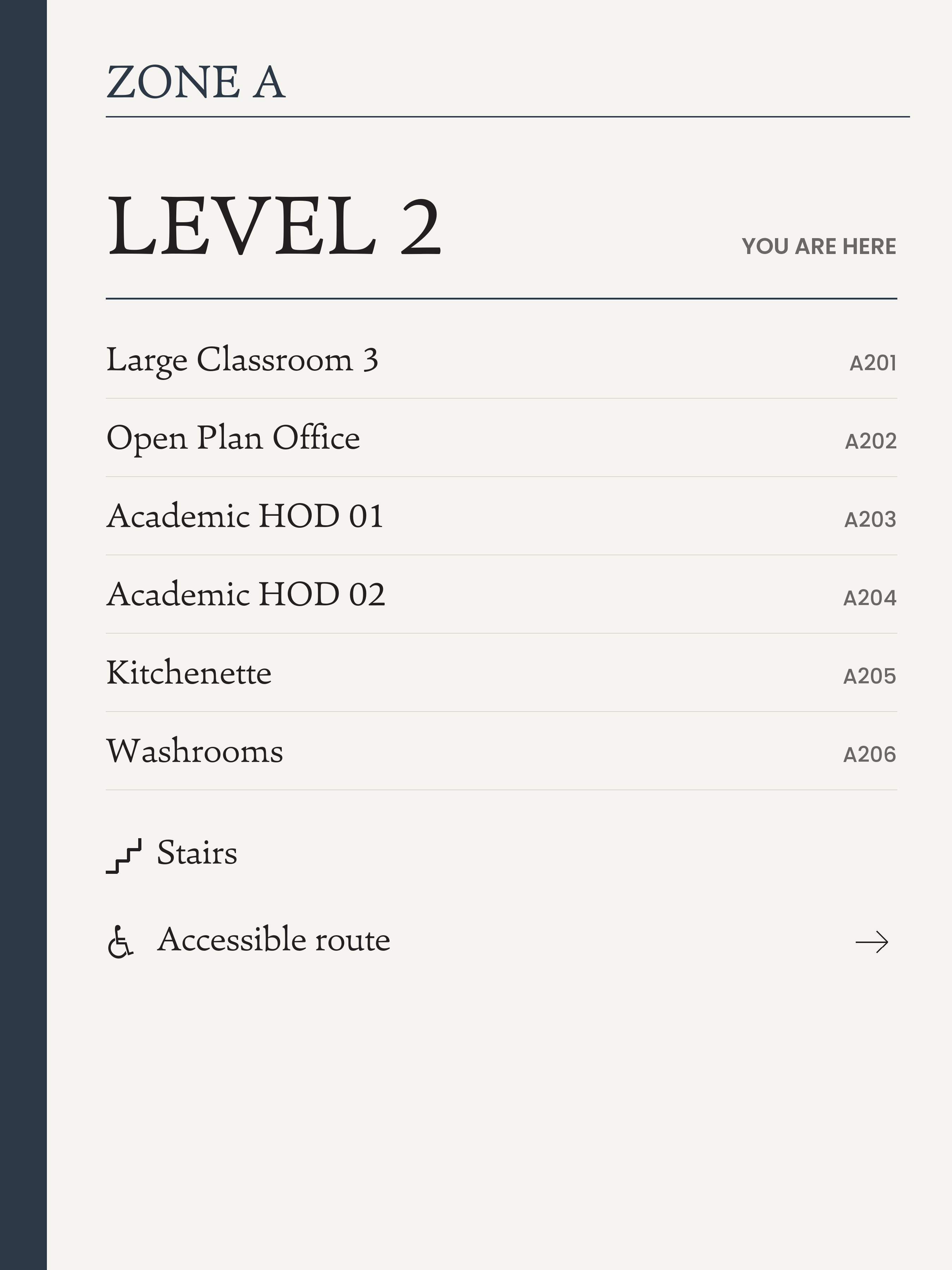 W01 Floor directory for Zone A, 900 by 1200 millimetres