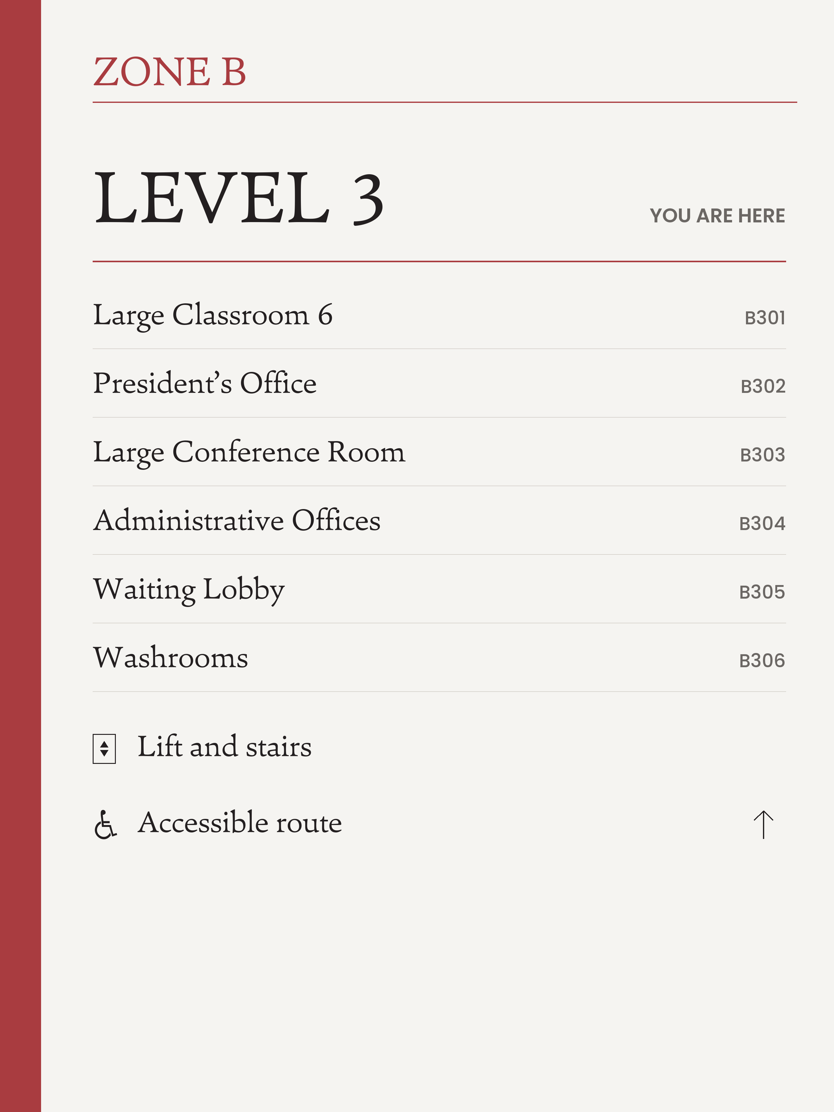 W01 Floor directory for Zone B, 900 by 1200 millimetres